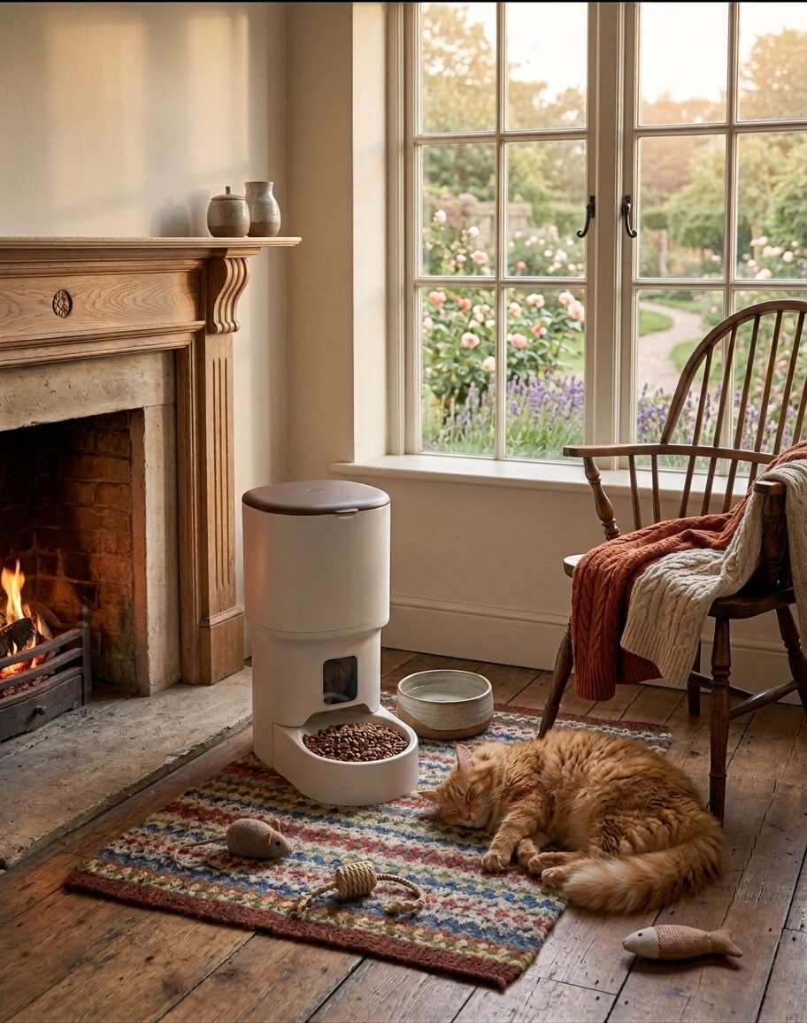 A cat resting near the Lux feeder beside a fireplace