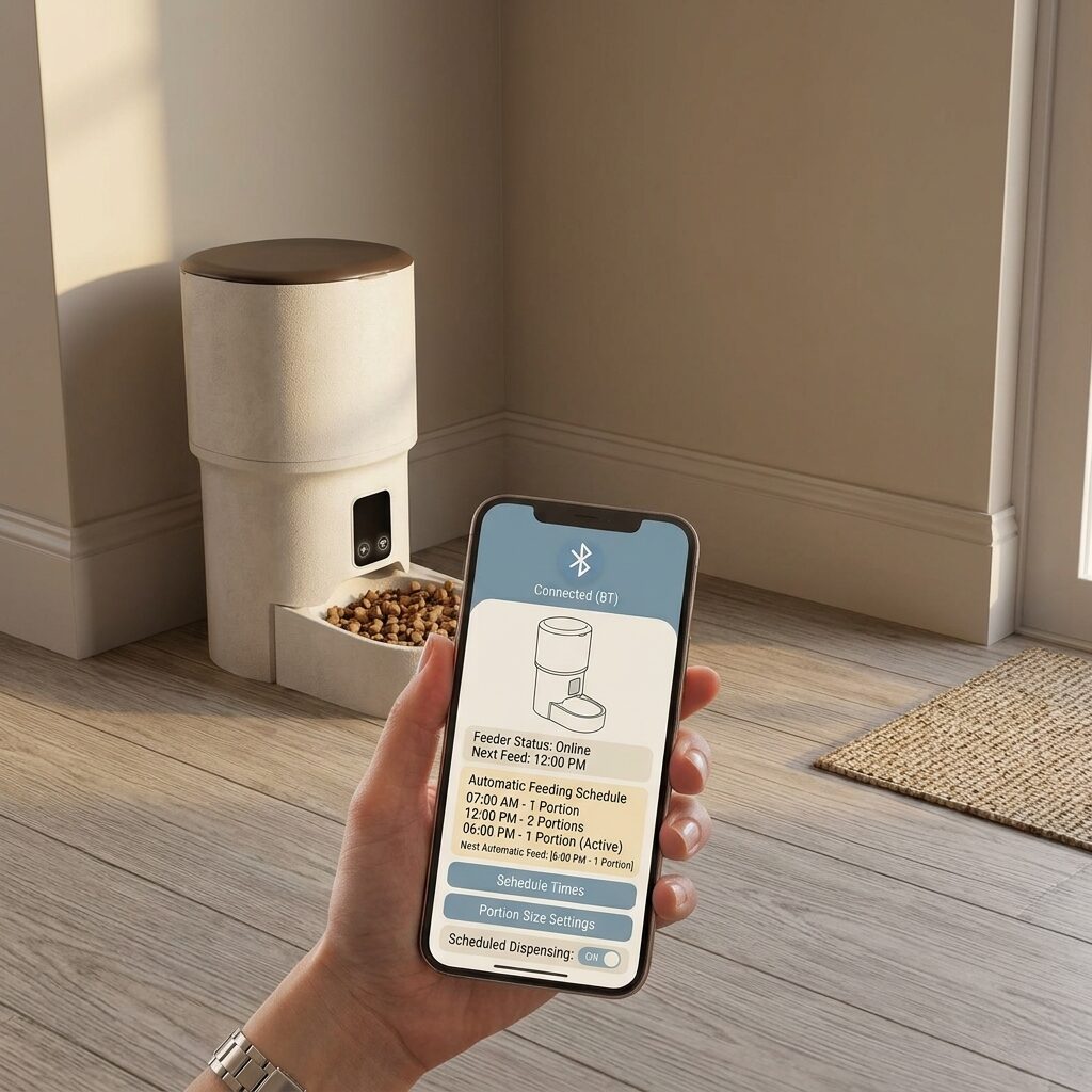 Hand holding a phone showing the Autofeeder app connected to Lux