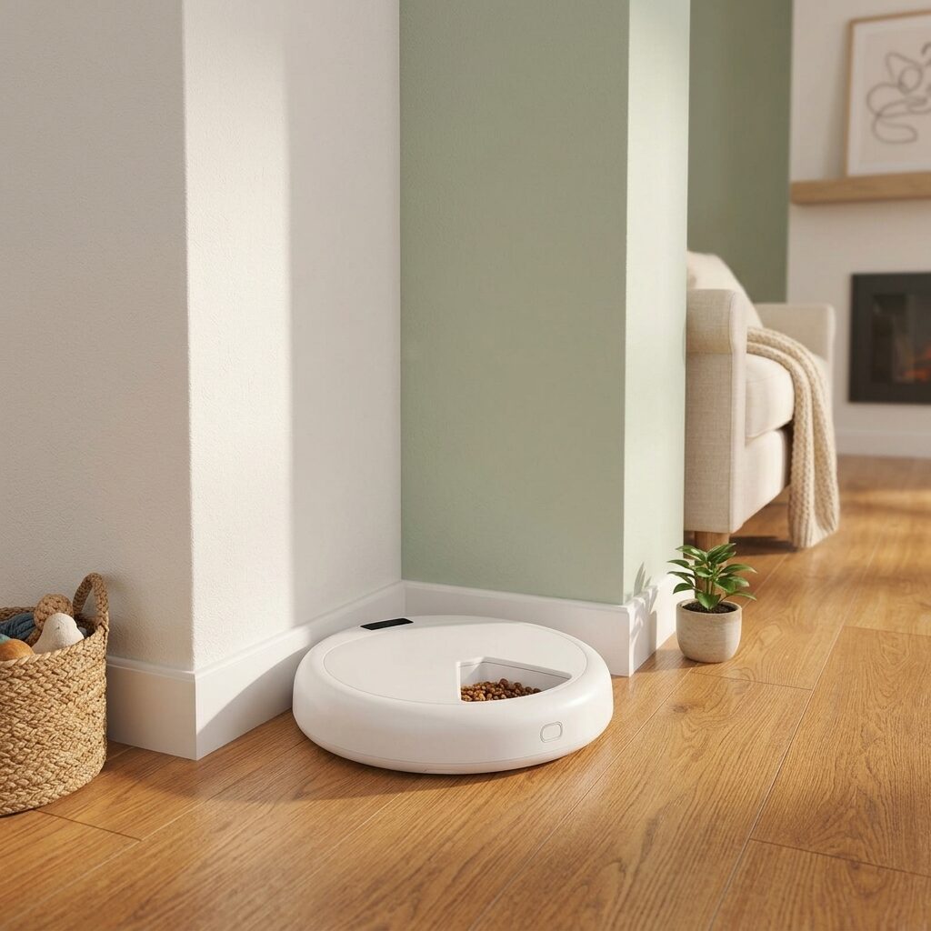 Orbit feeder placed against a living room wall on wood flooring