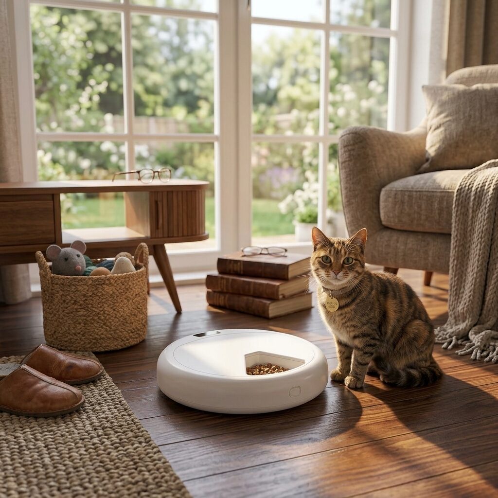 A cat sitting beside the Orbit feeder in a sunlit living room