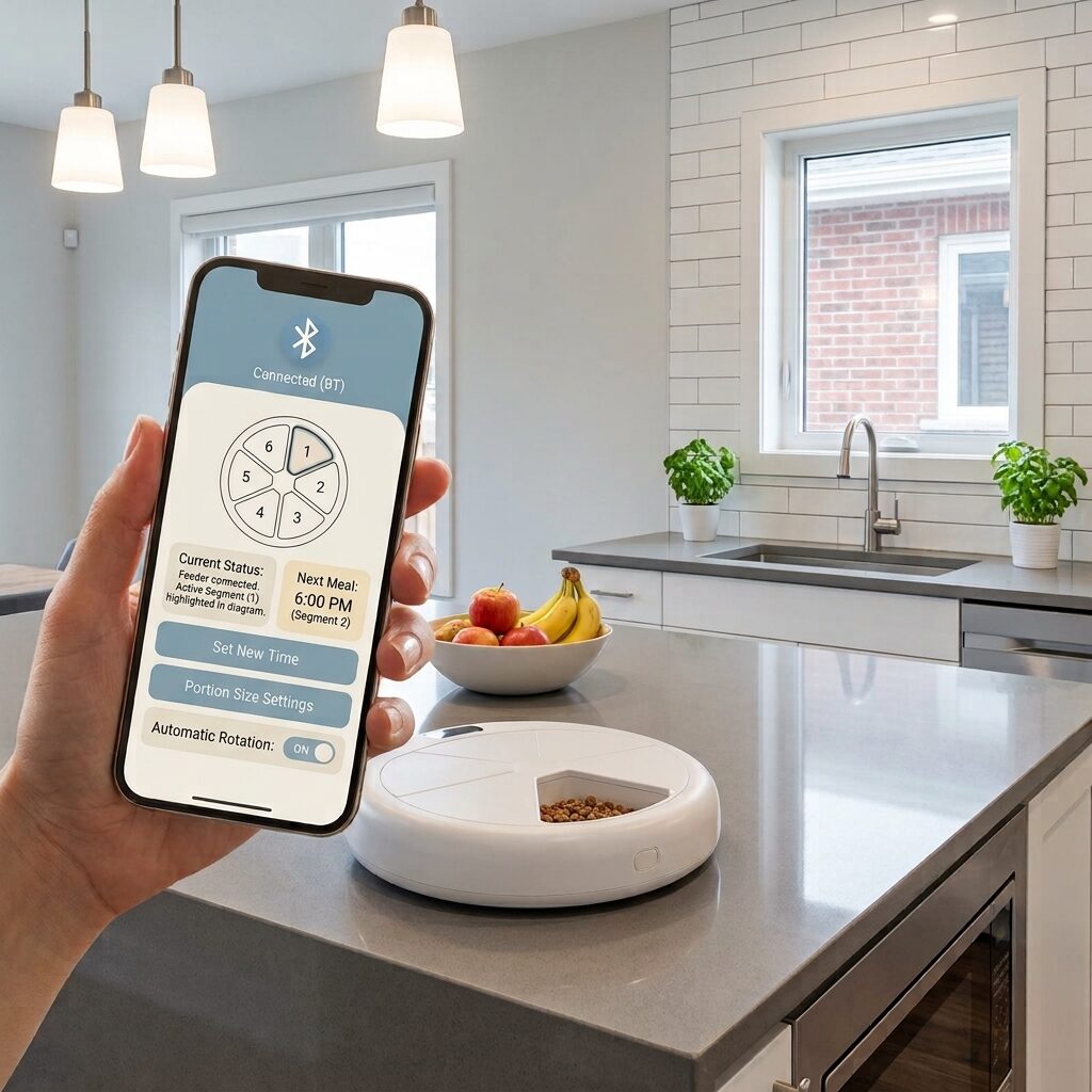Hand holding a phone showing the Autofeeder app connected to Orbit